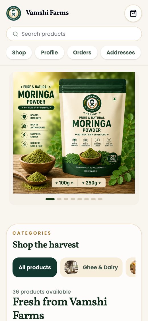 Vamshi Farms, live app screen